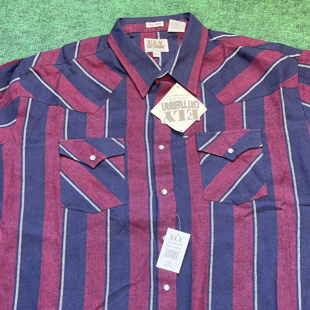 Ely Cattleman Western Shirt Men 2XL Tall  Red Blue Striped Flannel Cowboy NEW